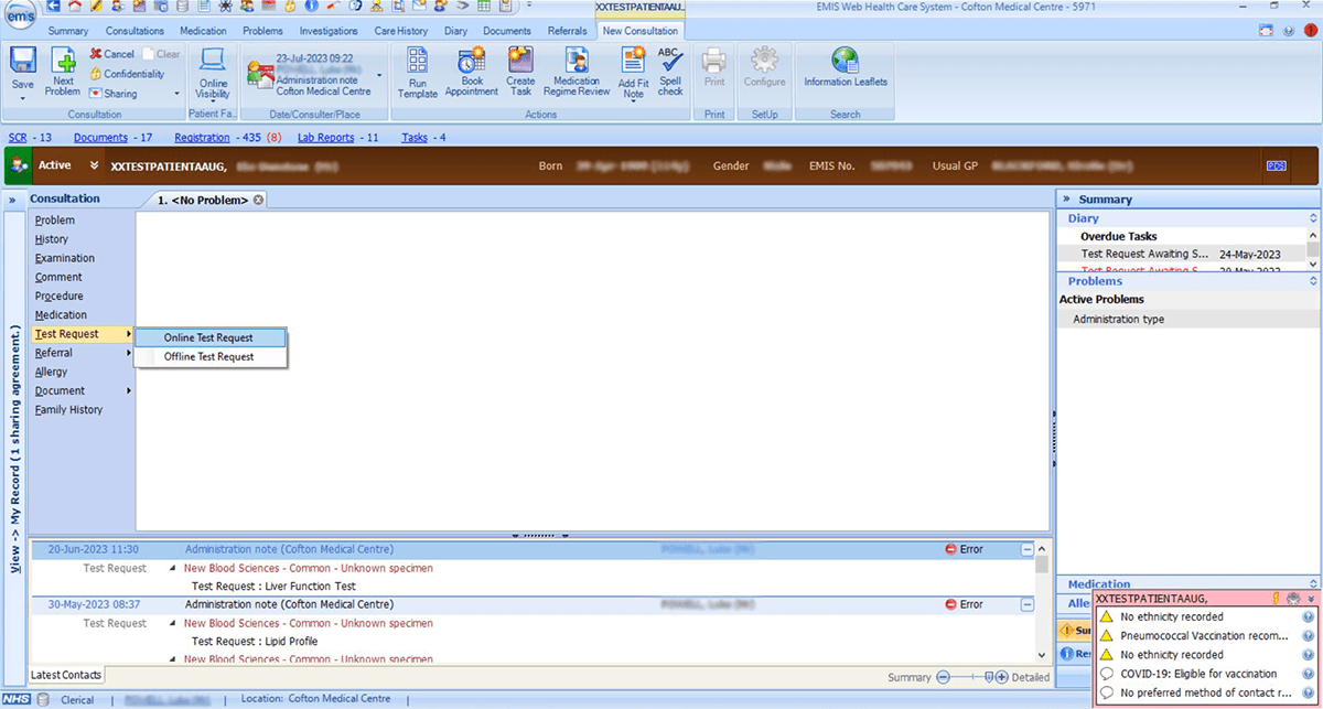 A screenshot of how to make a pathology request using the EMIS system