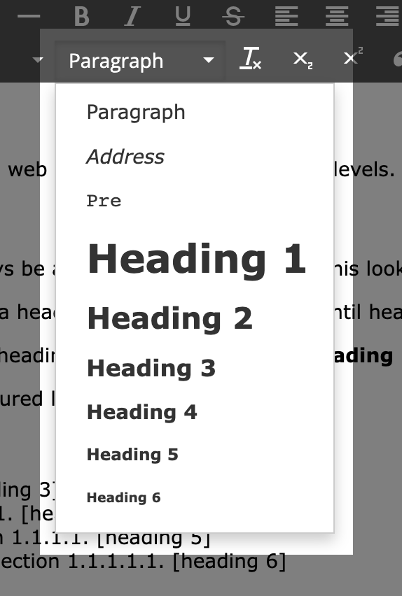 Use the text format drop-down to choose a heading level
