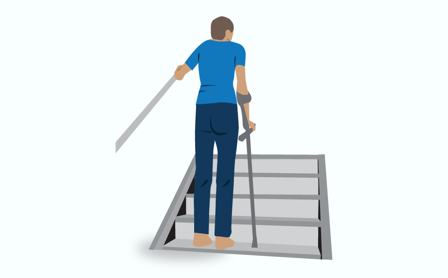 Person climbing the stairs, using crutches