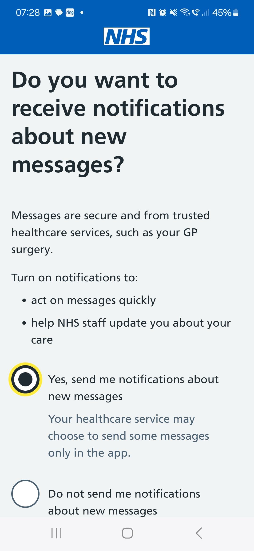 Secure messages on NHS App screenshot