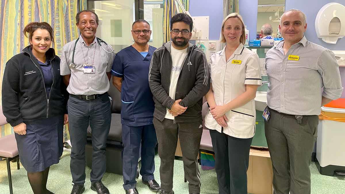 Left to right: Farfia Capper (NIHR Clinical Research Facility Clinical Deputy Manager), Professor Tarekegn Hiwot (Consultant in Inherited Metabolic Disorders), Vishy Veeranna (Inherited Metabolic Disorders Research Charge Nurse), Adil Khaliq, Nicola Condon (Senior Physiotherapist) and Antonio Ochoa-Ferraro (Specialist Pharmacist – Inherited Metabolic Disorders)