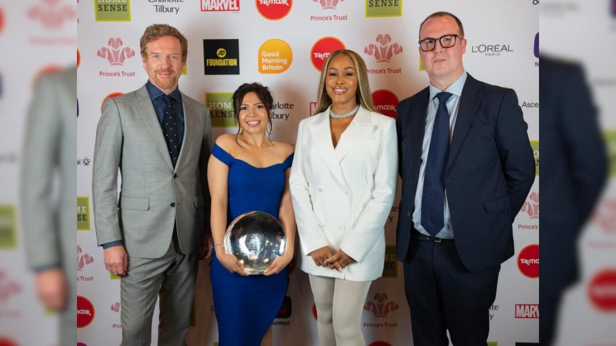 Cherelle Knight pictured with actor Damian Lewis, rapper Eve and Michael Munne, of TK Maxx.