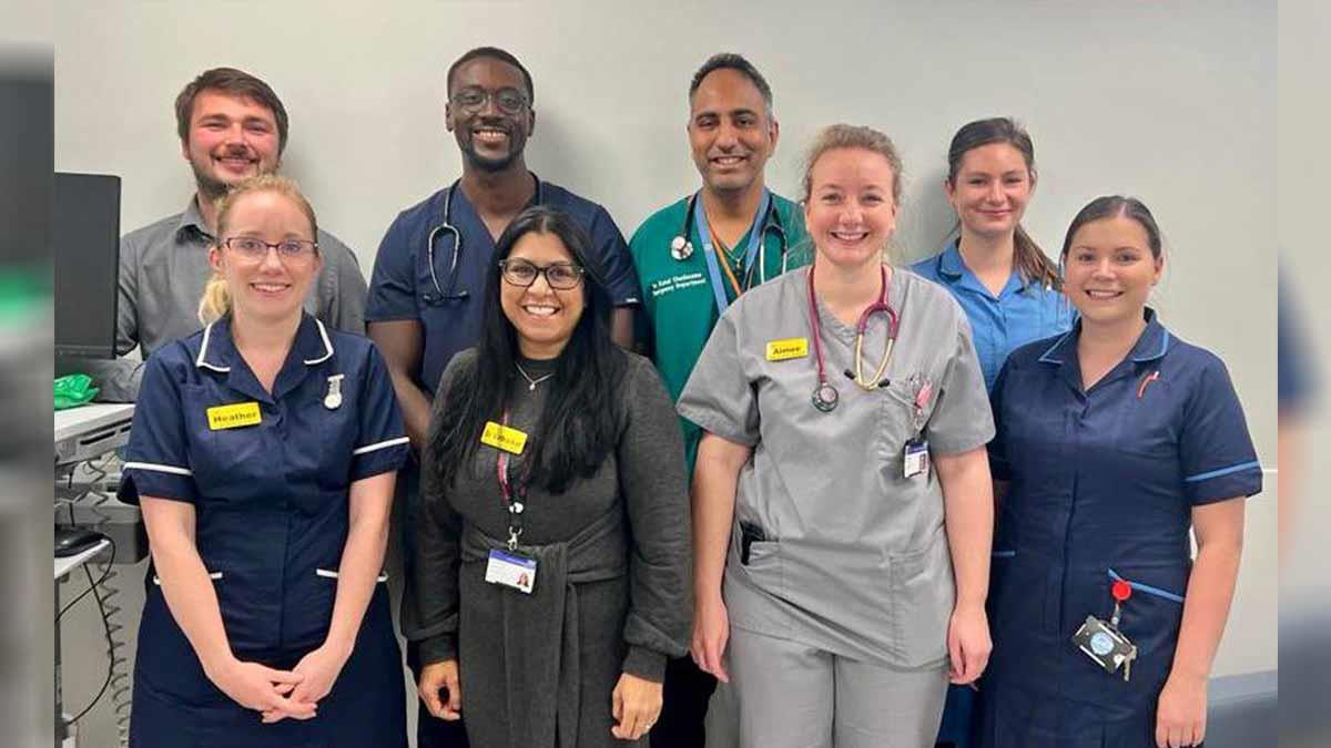 Back row (left to right)
Daniel Lenton, Senior Data Manager
Dr Rele Ologunde
Dr Kunal Chudasama
Asha Clement, Research Nurse.
On the front row (left to right)
Heather Willis, Research Nurse
Dr Sarafina Vatharkar, PI and Clinical Service Lead for ED
Aimee Wright, ACP
Abi Roberts, Research Nurse