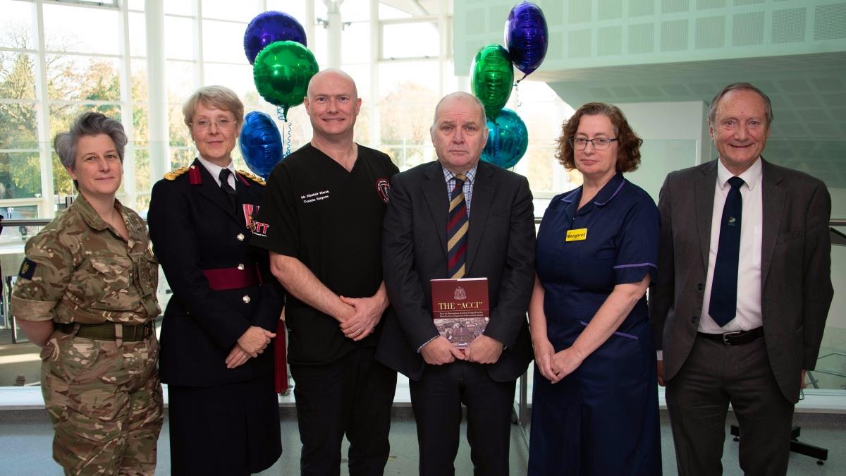 The Acci book launch (from left to right): Colonel Victoria Moorehouse, Colonel Dr Heidi Doughty OBE TD, Mr Alistair Marsh, Professor Ian Greaves, Margaret Garbett and Emeritus Professor Sir Keith Porter