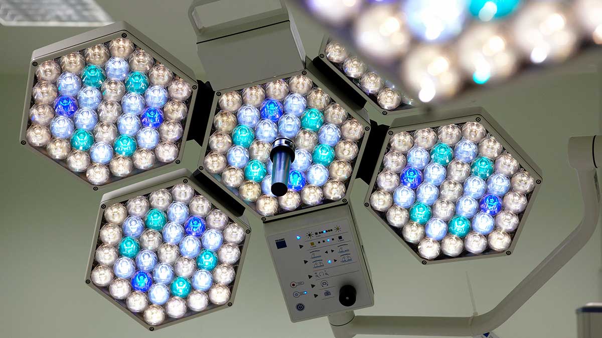 An operating theatre lighting pendant at University Hospitals Birmingham