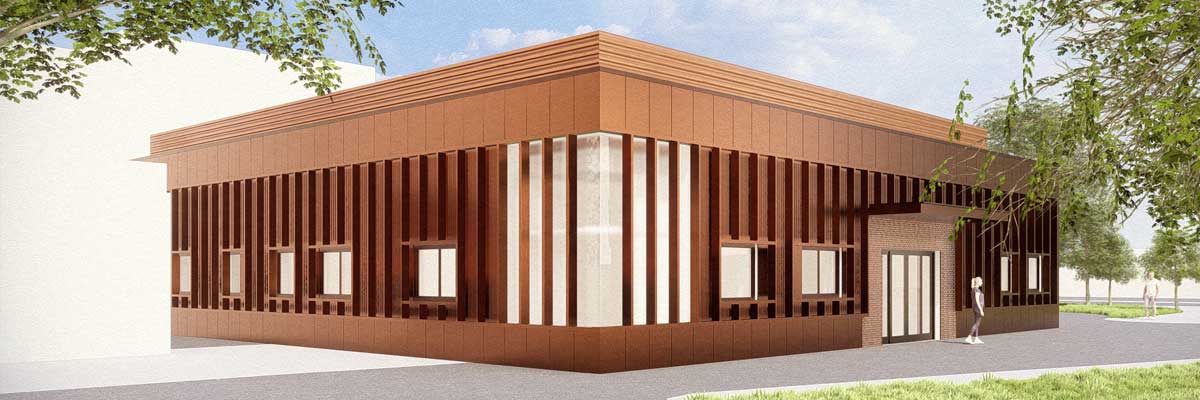 Front elevation of the Urgent Treatment Centre, showcasing the main public entrance and updated building design