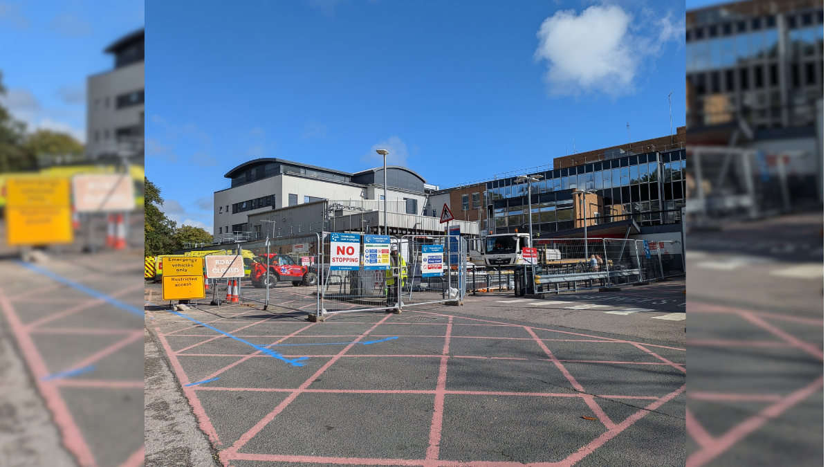 Hoarding for phase 3 of the construction works, near the ambulance bays