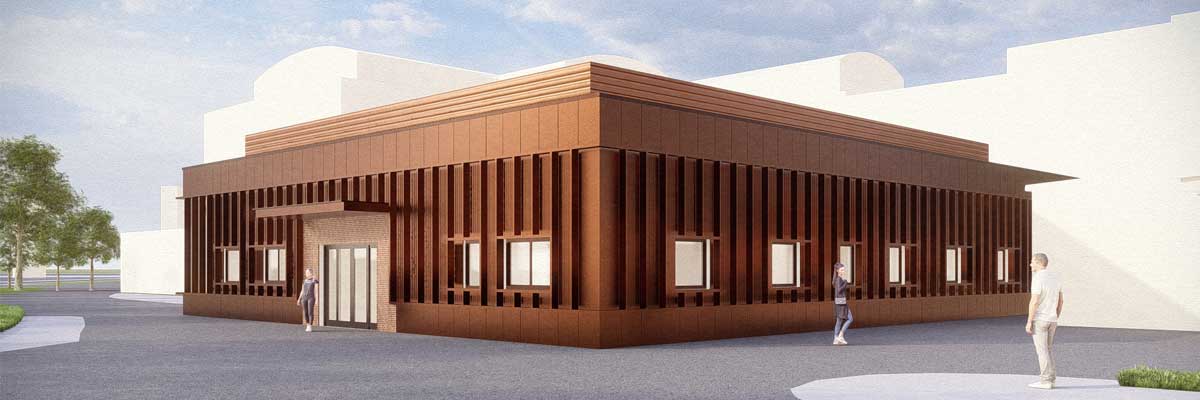 Corner perspective showing the centre’s contemporary architectural features and enhanced natural light panels